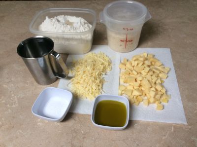 Sourdough (Jarlsberg) cheese bread mi en place (all in it's place)
Prep is complete.  Everything has been weighed out and made ready. Now on to the mixer
Keywords: sourdough;cheese;jarlsberg