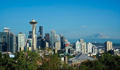 Seattle Skyline at Sunset
This was taken from Kerry Park on Queen Ann Hill in Seattle, as the sun was setting.  At this time it was low to the horizon, but not yet below.  A lot of humidity meant a lot of haze on this night, spoiling these shots in the distant reaches.
